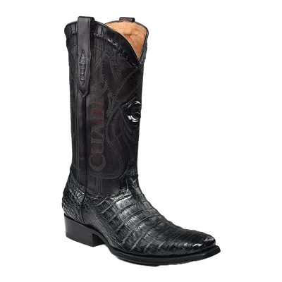 Pre-owned Cuadra Men's Plunge Caiman Laser Pointed Toe Black Boots Cu846