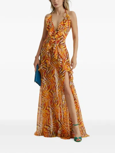 Cuanna Luna Ruffled Zebra-print Maxi Dress In Orange