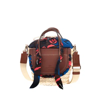 Cuba Lab Raffia And Leather Bag With Silk Floral Accents In Brown