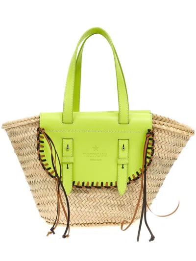 Cuba Lab Tropicana Straw And Leather Tote Bag In Green