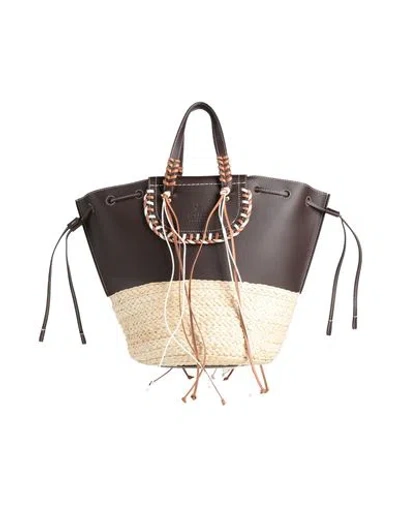Cuba Lab Woman Handbag Dark Brown Size - Leather, Natural Raffia