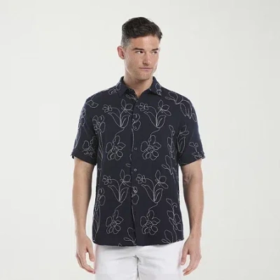 Cubavera Allover Embroidery Mens Short Sleeve Regular Fit Button-down Shirt In Blue