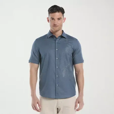 Cubavera Asymmertical Emboridered Mens Short Sleeve Regular Fit Button-down Shirt In Blue