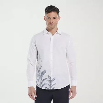 Cubavera Asymmetrical Placement Print Mens Long Sleeve Regular Fit Button-down Shirt In White