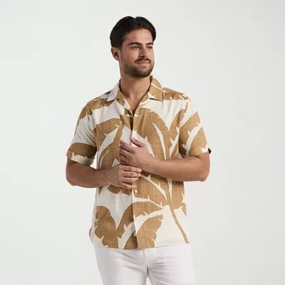 Cubavera Large Palm Print Mens Short Sleeve Regular Fit Button-down Shirt In Sand