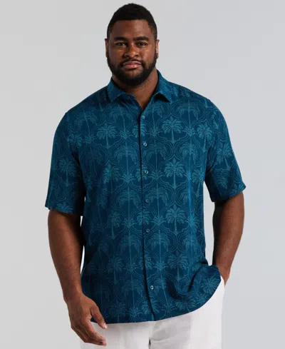 Cubavera Men's Big & Tall Medallion Palm Print Shirt In Blue
