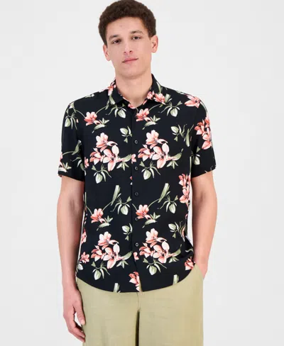 Cubavera Men's Floral Print Short-sleeve Shirt In Jet Black