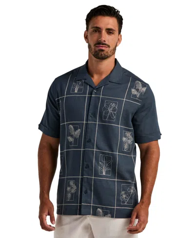 Cubavera Men's Linen Blend Embroidered Guayabera Shirt In Blue