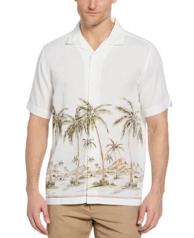 Cubavera Men's Short Sleeve Button-front Palm Print Border Camp Shirt In Brilliant White