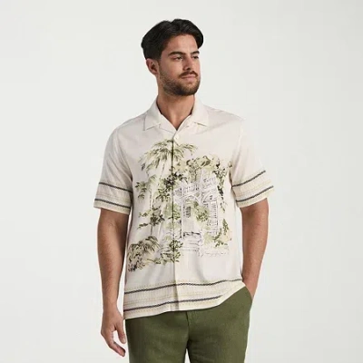 Cubavera Scenic Border Print Mens Short Sleeve Regular Fit Button-down Shirt In Sand