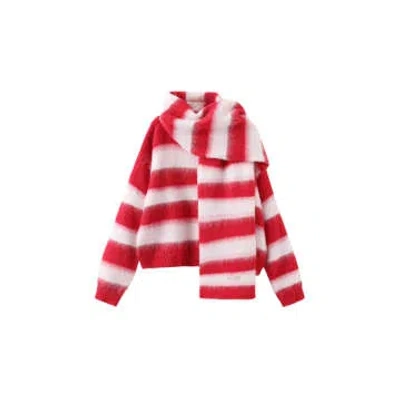 Cubic Striped Colour Block Wool Knit Cardigan With Scarf In Red