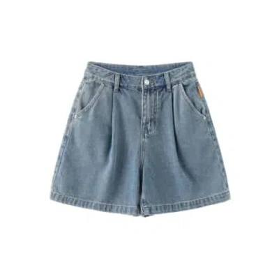 Cubic Wide Leg Pleated Denim Shorts In Blue