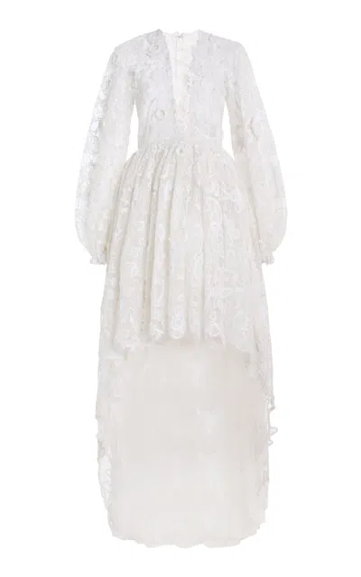 Cucculelli Shaheen Cactus Rose Lace Tulle Longsleeve Gown In White