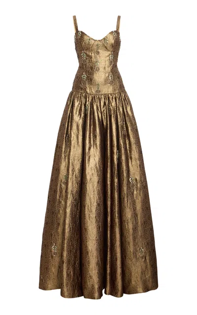 Cucculelli Shaheen Deco Medallion Geometric Jacquard Maxi Dress In Gold