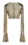 Cucculelli Shaheen Embellished Woven Tulle Crop Top In Gold