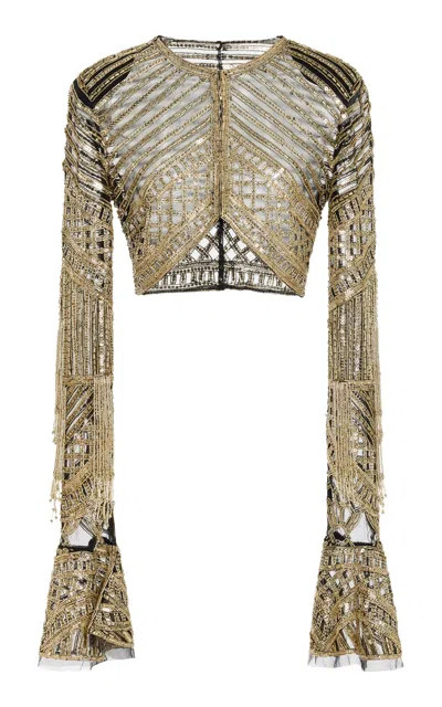 Cucculelli Shaheen Embellished Woven Tulle Crop Top In Gold
