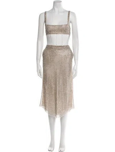 Pre-owned Cucculelli Shaheen Lace Pattern Beaded Accents Skirt Suit In Neutral