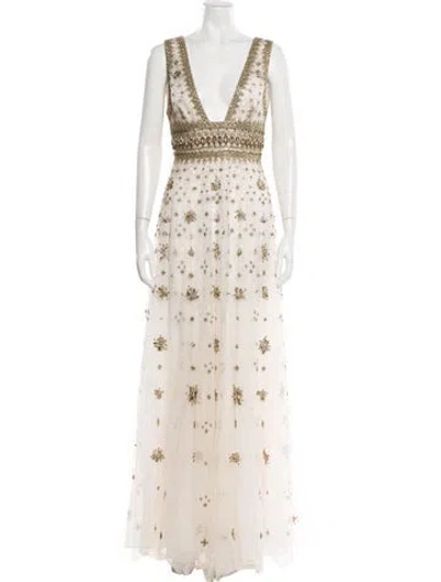 Pre-owned Cucculelli Shaheen Lace Pattern Long Dress In Neutral