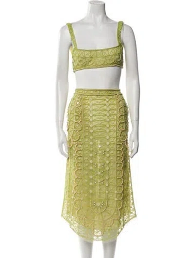 Pre-owned Cucculelli Shaheen Lace Pattern Sequin Embellishments Skirt Set In Green