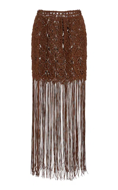 Cucculelli Shaheen Leather Macrame Fringed Skirt In Brown
