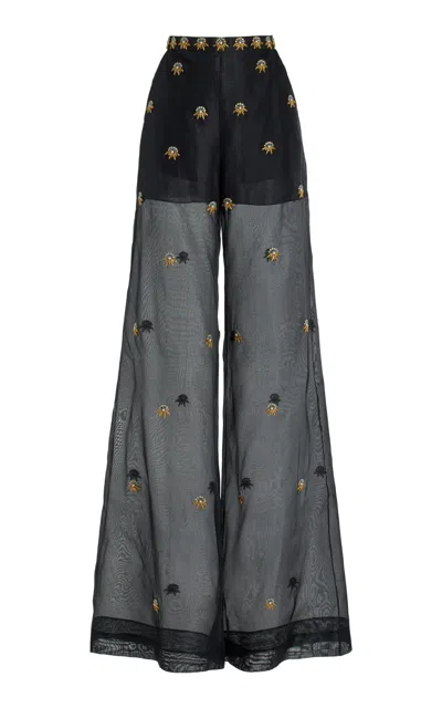 Cucculelli Shaheen Medallion-embellished Silk Organza Wide-leg Pants In Black