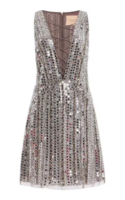 Cucculelli Shaheen Mirrored Embellished Tulle Mini Dress In Silver