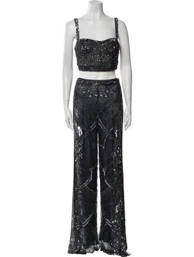 Pre-owned Cucculelli Shaheen Patterned Crystal Embellishments Pant Set In Gray