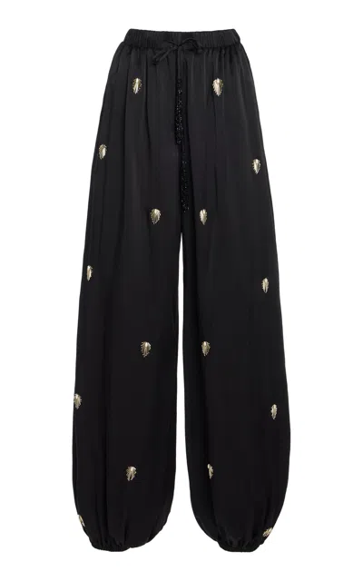 Cucculelli Shaheen Pendant Medallion Embroidered Silk Pants In Black