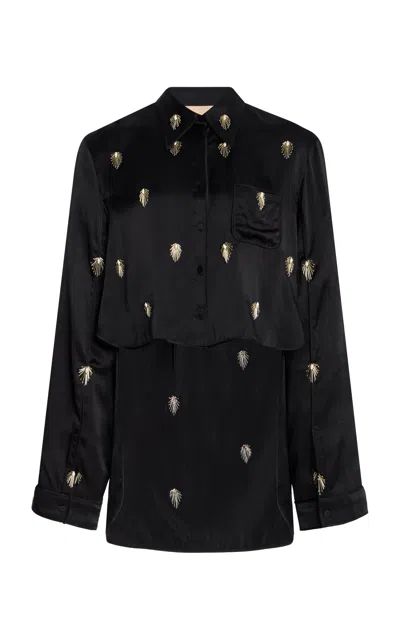 Cucculelli Shaheen Pendant Medallion Embroidered Silk Top In Black
