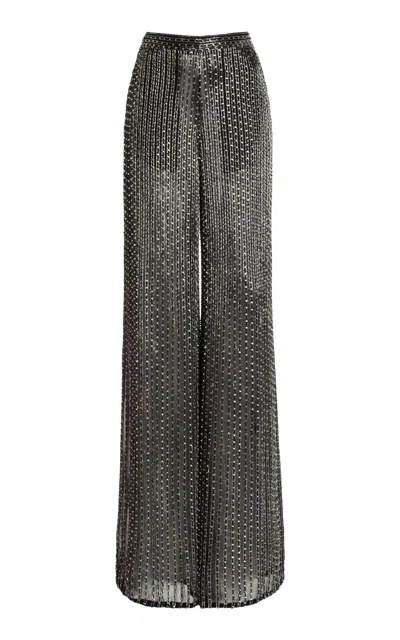 Cucculelli Shaheen Studded Grid Silk Flared Pants In Silver
