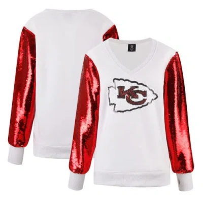 Cuce White Kansas City Chiefs Sequin Sleeve V-neck Pullover Sweatshirt