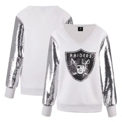 Cuce White Las Vegas Raiders Sequin Sleeve V-neck Pullover Sweatshirt
