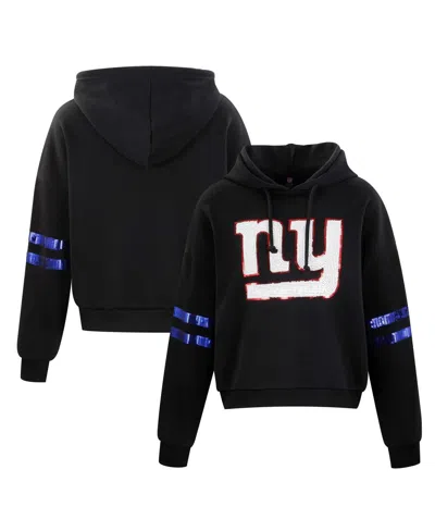 Cuce Women's Black New York Giants Cropped Sequins Pullover Hoodie In Multi