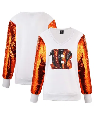 Cuce Women's White Cincinnati Bengals Sequin Sleeve V-neck Pullover Sweatshirt In White,orange