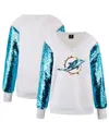 Cuce Women's White Miami Dolphins Sequin Sleeve V-neck Pullover Sweatshirt In Multi