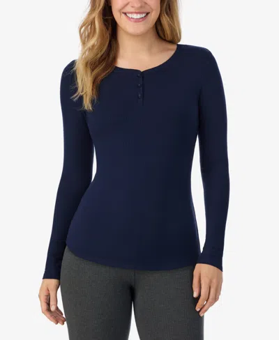 Cuddl Duds Petite Henley Neck Long Sleeve Top In Blue