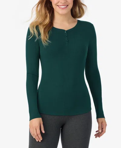 Cuddl Duds Petite Henley Neck Long Sleeve Top In Green