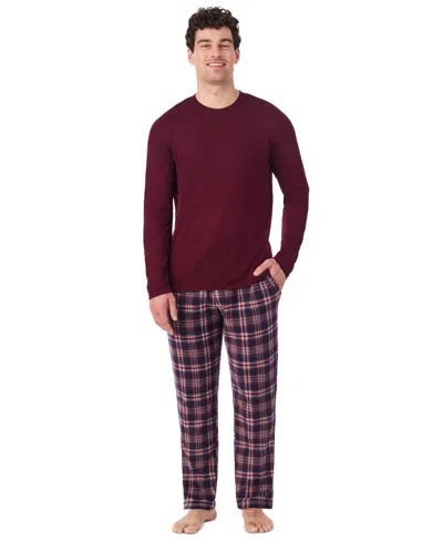 Cuddl Duds Men's Cabin Fleece Long-sleeve Crewneck Pajama Top And Fleece Pants, 2-piece Set In Burgundy