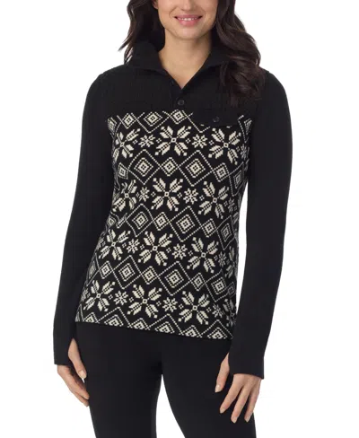Cuddl Duds Petite Fleecewear Long-sleeve Collared Top In Black Print