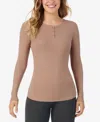 Cuddl Duds Petite Henley Neck Long Sleeve Top In Brown