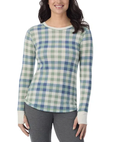Cuddl Duds Petite Stretch Thermal Crewneck Top In Green Plaid