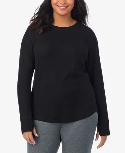 Cuddl Duds Plus Size Cozy Stretch Thermal Crew Neck Top In Black