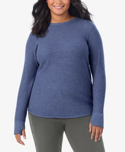 Cuddl Duds Plus Size Cozy Stretch Thermal Crew Neck Top In Blue