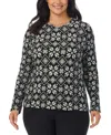 Cuddl Duds Plus Size Fleecewear Long-sleeve Crewneck Top In Black Print