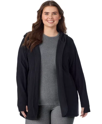 Cuddl Duds Plus Size Hooded Long-sleeve Fleecewear With Stretch Wrap In Black