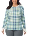 Cuddl Duds Plus Size Long-sleeve Crewneck Thermal Top In Green Check