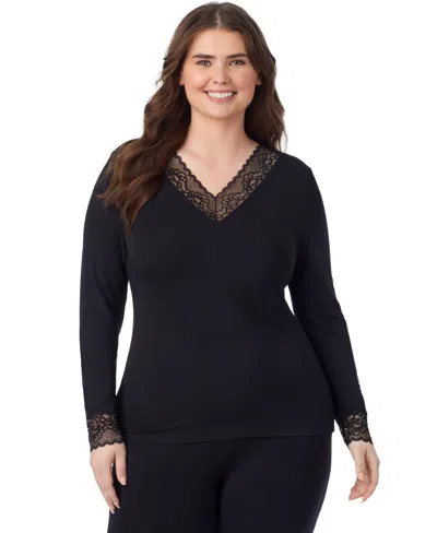 Cuddl Duds Plus Size Softwear With Stretch Long-sleeve V-neck With Lace Top In Black