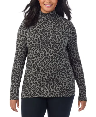 Cuddl Duds Plus Size Softwear With Stretch Turtleneck Animal-print Long-sleeve Top In Black Animal Print