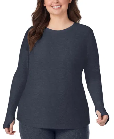 Cuddl Duds Plus Size Thermal Waffle-knit Long-sleeve Top In Blue