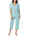Cuddl Duds Printed Elbow-sleeve Top & Capri Pants Pajama Set In Mint Print